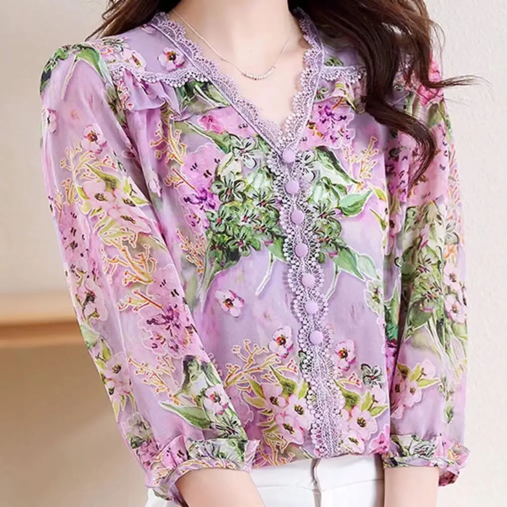 3/4 Sleeved Chiffon Single Breasted Blouses Shirts for Women Floral  Autumn 2023 New Fashion Lace Patchwork V Neck Top