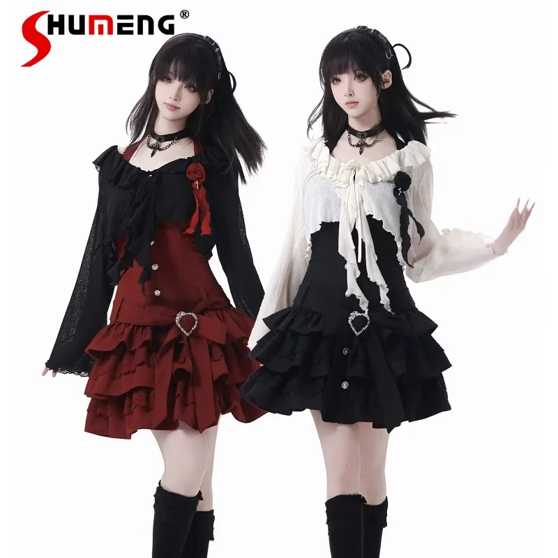 

Spring New Japanese Lolita Knitted Cardigan Waist Lace Stacking Dress Red And Black Contrasting Color Thin Top Knitted Sweater