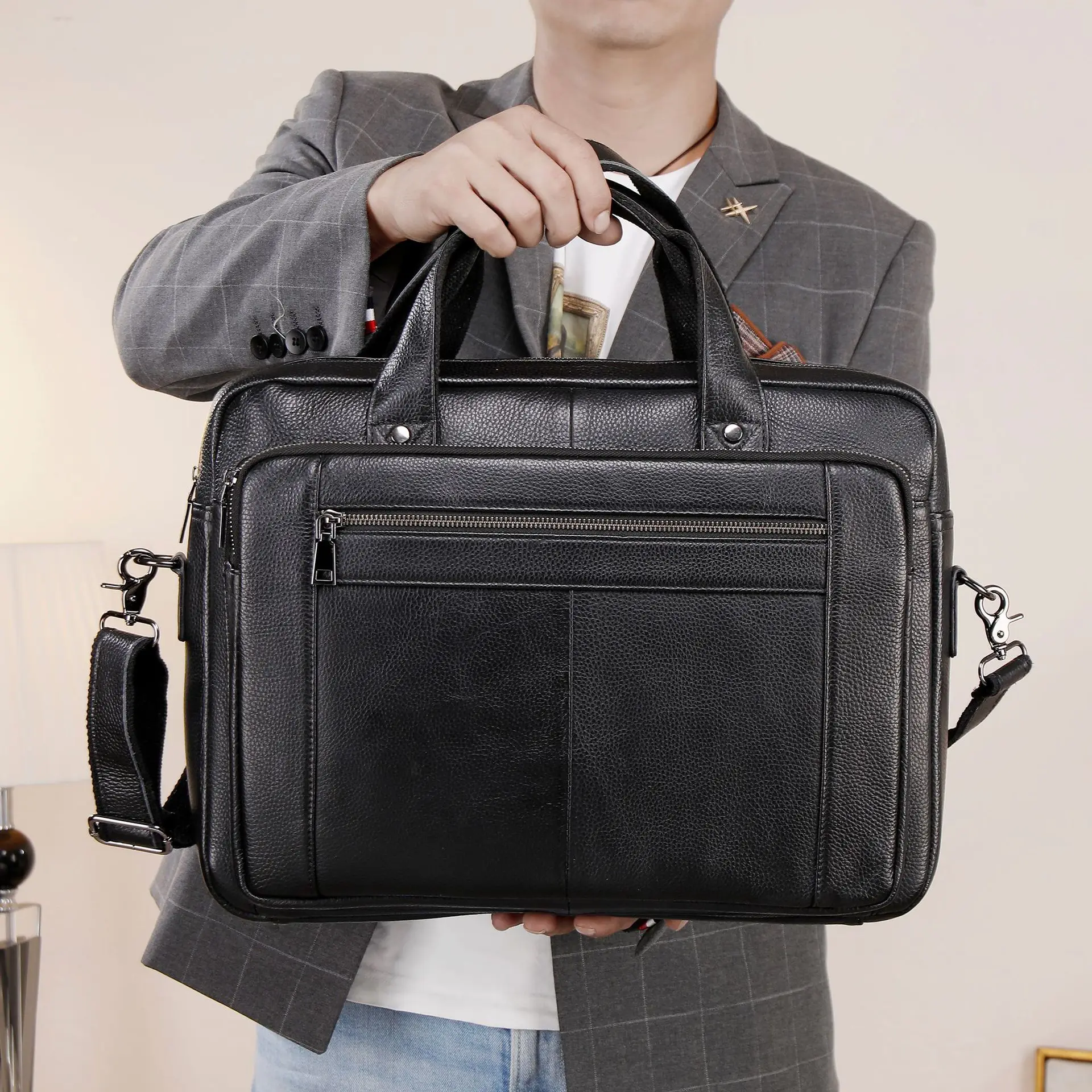 กระเป๋าแล็ปท็อปหนังแท้สำหรับผู้ชาย, กระเป๋าสะพายข้างสำหรับทำงาน, กระเป๋าเอกสาร, มีช่องและกระเป๋าหลายช่อง