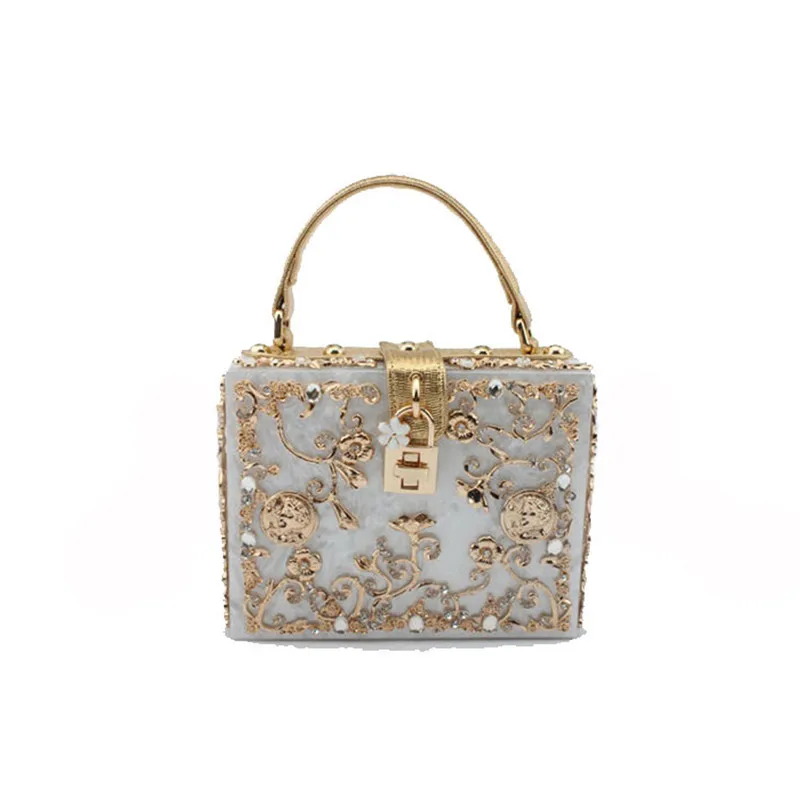 High-Grade crystal Evening Bag Female New Hollow Out Metal Carved Flower Diamond Handbag Box Fashion Chic Shoulder Crossbody Bag