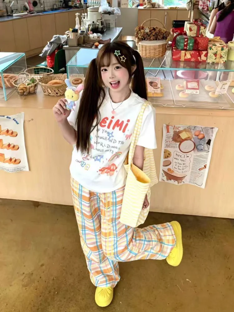 

Sweet Y2k Plaid Heart Print Wide Leg Cargo Pants Women Casual Cute Embroidery Baggy Trousers Female Streetwear Straight Pants