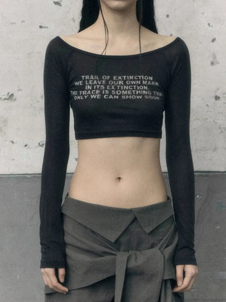 Y2k Aesthetic Women Sexy Long Sleeve Crop T-shirt Vintage Letter Print Streetwear Grunge Tshirts Harajuku Vintage Tees Femme