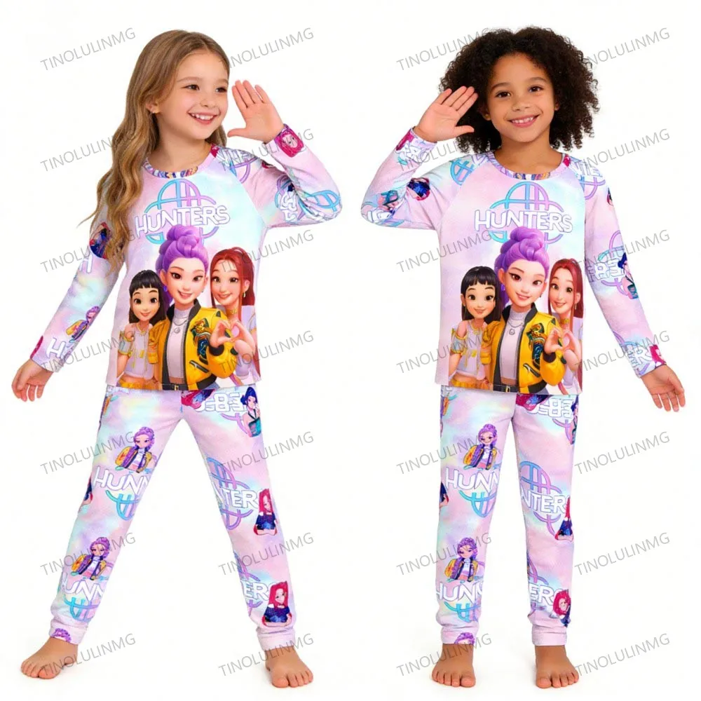 Kpop Demon Hunters Cartoon Pyjamas Kids Clothes Autumn Fashion Girls Long Sleeve T Shirt + Pants 2pcs Set Children Home Pajamas
