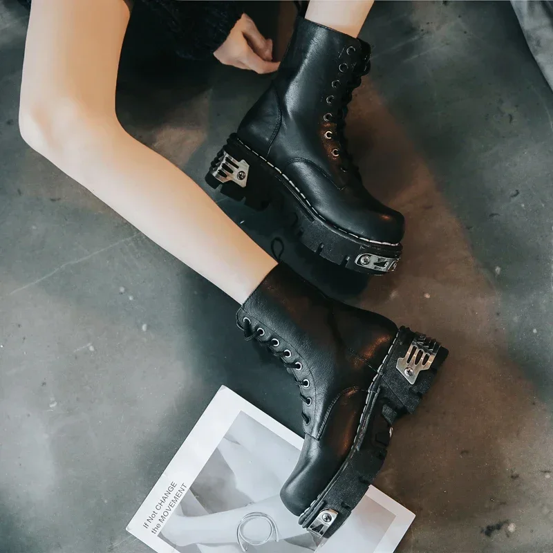 New Fashion Punk Men's Genuine Leather Motorcycle Boots Platform Western Cowboy Warm Mid-Calf Tactical Combat Boots 47