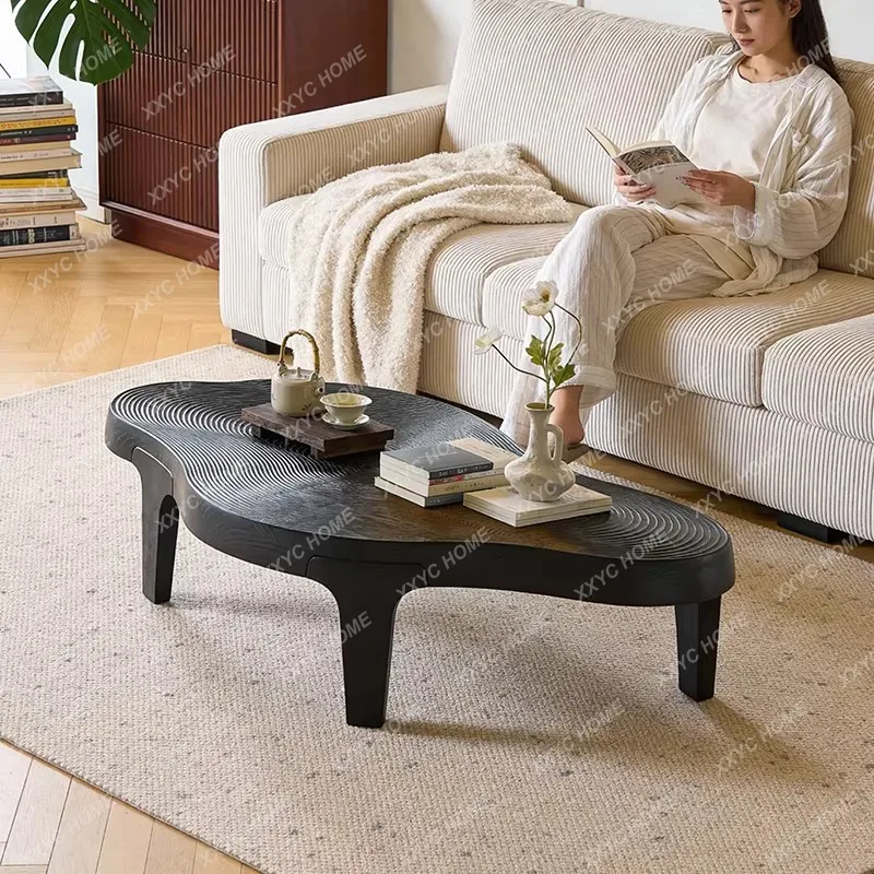 TT Wabi Sabi Antique Style Irregular Annual Ring Coffee Table Living Room Small Apartment Black Solid Wood Coffee Table