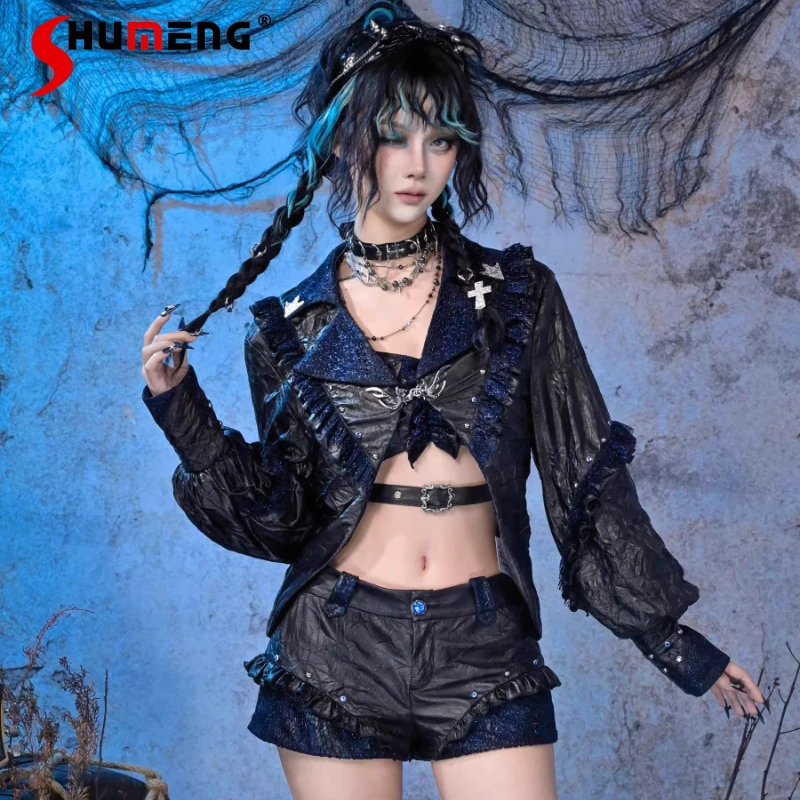 

Women's Clothing Unique Design Black Color Short Coat Japanese Punk Style Cool Handsome Long-sleeved Jacket Overcoat For Ladies