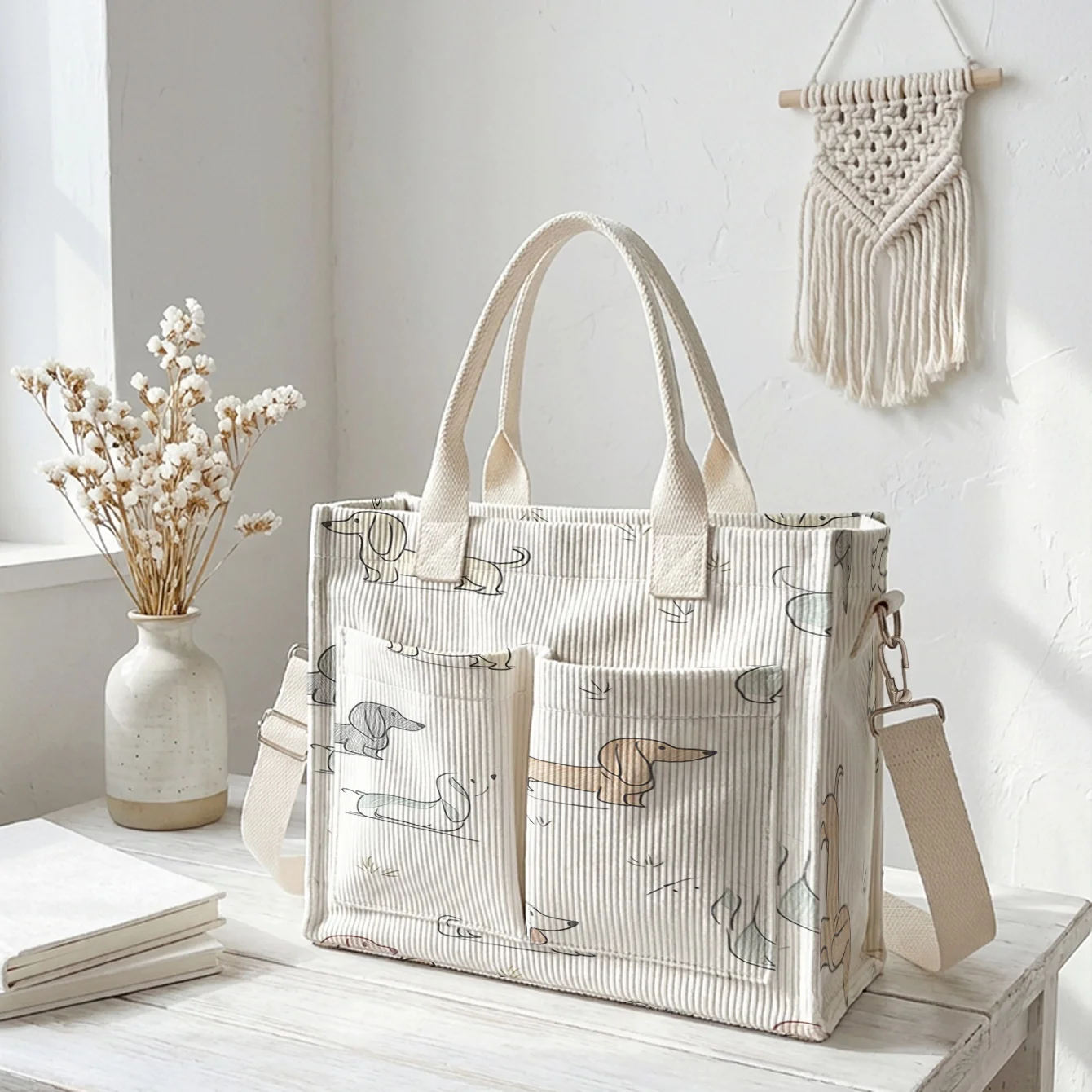 Line Drawing Dachshund Print Corduroy Tote Bag Large Capacity Multi Pocket Detachable Crossbody Shoulder Bag