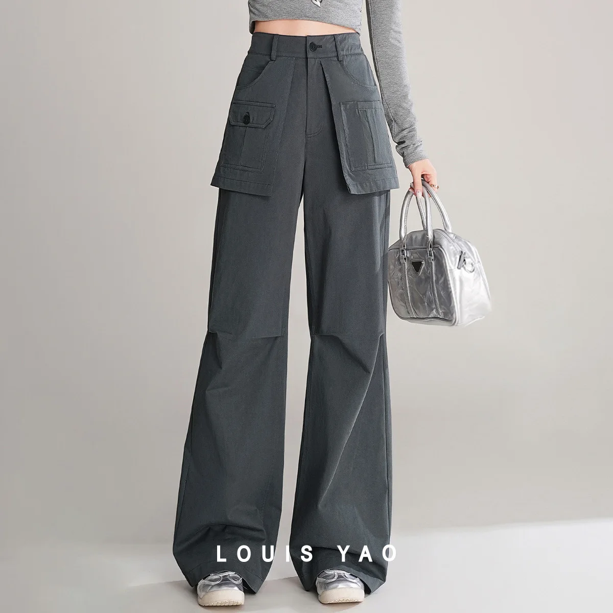 

LOUIS YAO 3D Pocket Fake Two Piece Cargo Pants 2025 Autumn cotton 100% Casual Long Pants Sweet Cool Style Straight Tube Trousers