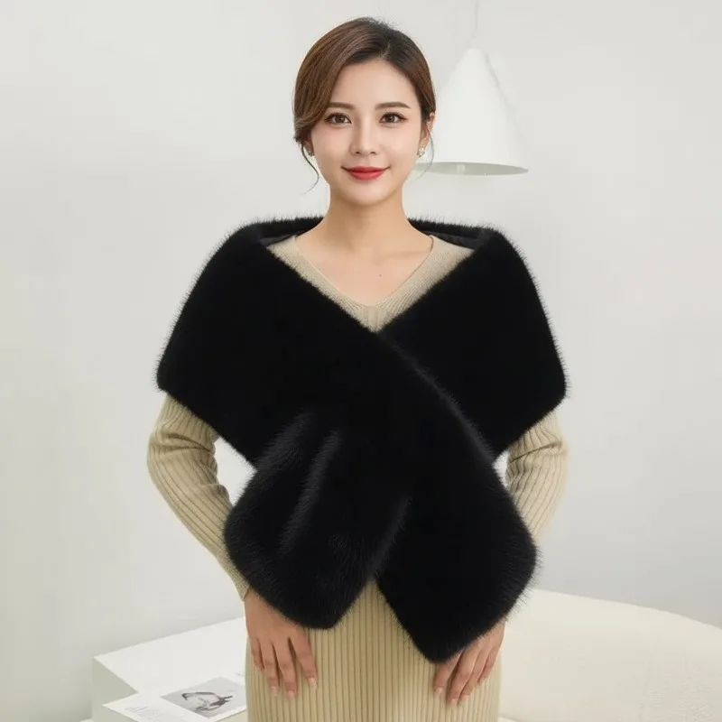 Fotografia 6: Xale de casamento longo em pele sintética para mulheres, com gola removível, capa de luxo com acabamento em pele sintética, ideal para festas e para usar como protetor de pescoço com vestidos de noite.