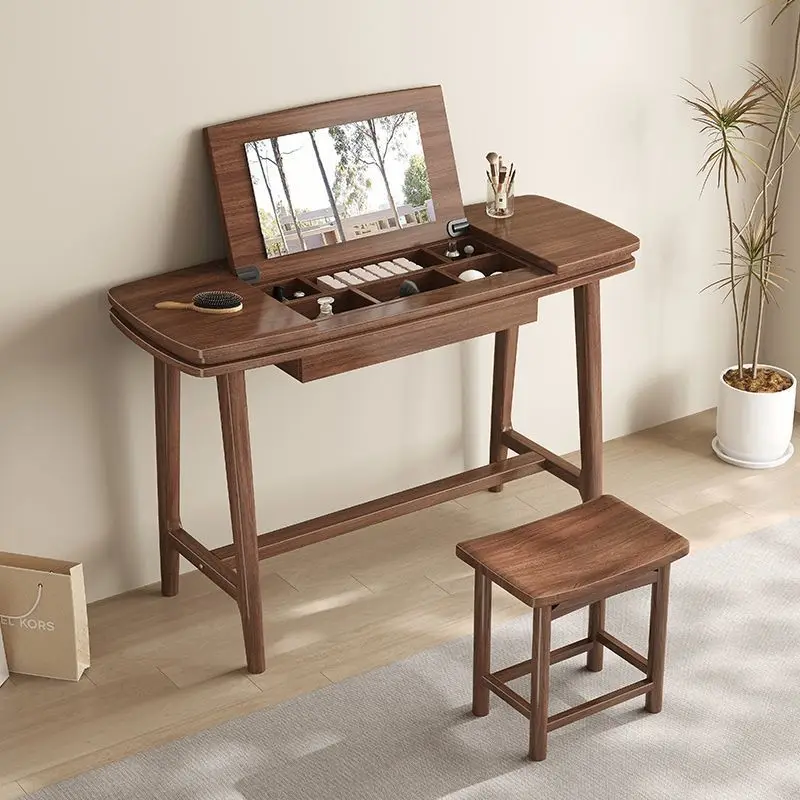 

Nordic black walnut solid wood cosmetic table bedroom small apartment dresser dressing table mirror
