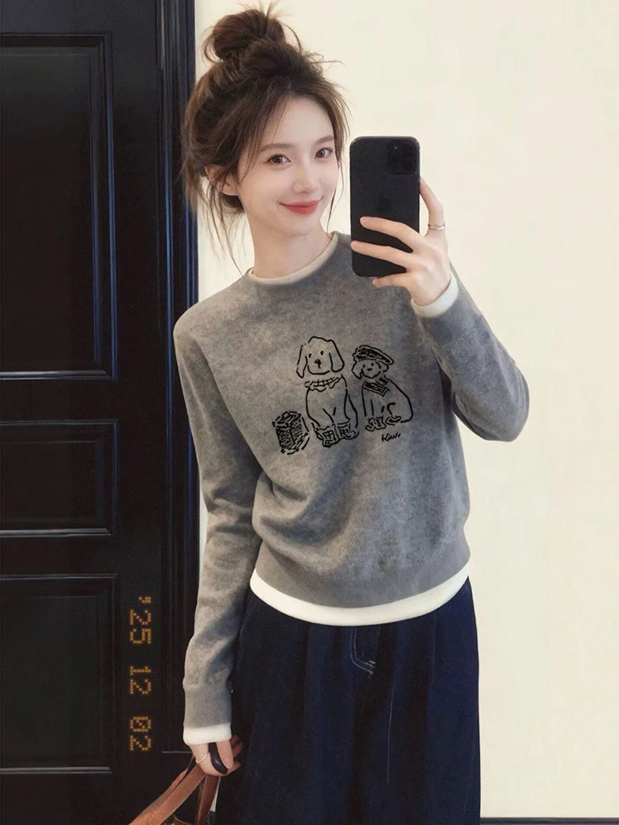 

Korean Style Long Sleeve round Neck Dog Print Patchwork Sweatshirt Women's Autumn Winter Gray Base Layer Shirt Versatile Top