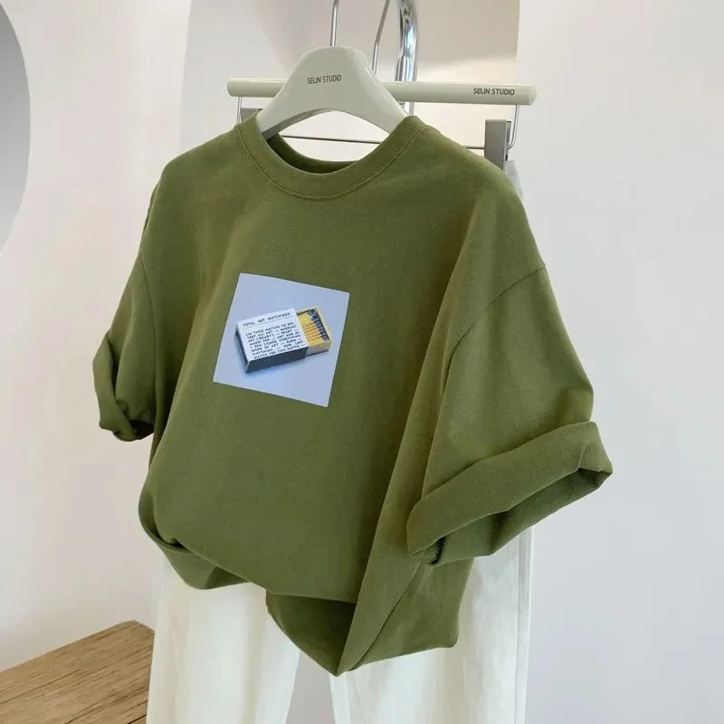 

plus Size Women's T-Shirt Korean Style Green Floral Print Casual Loose Short Sleeve Top for Summer Versatile Slimming Effect