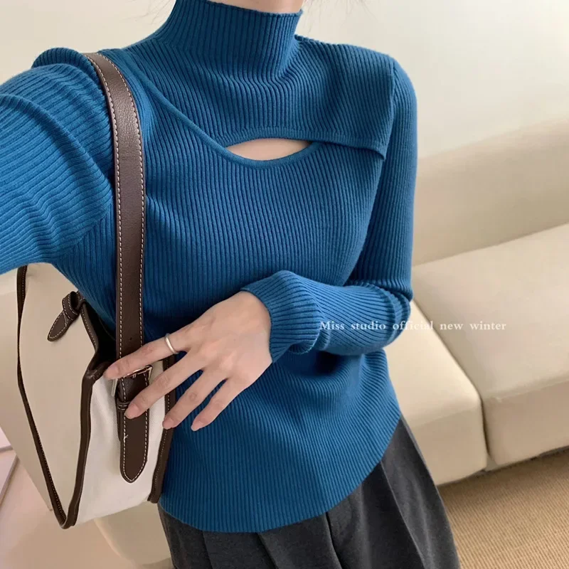 Women Sweater New Autumn and Winter Women's Slim Stretch Sexy Pullover Hollow Solid Color Slim Bottoming Shirt Sweater Ladies