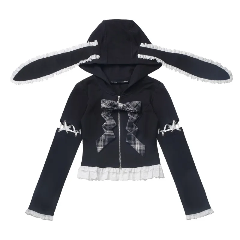 Rabbit Ear Hooded Removable Sleeves Black White Plaid Cake Skirt Summer New Zipper Long Sleeved Short Sweatshirt Kawaii Skirts