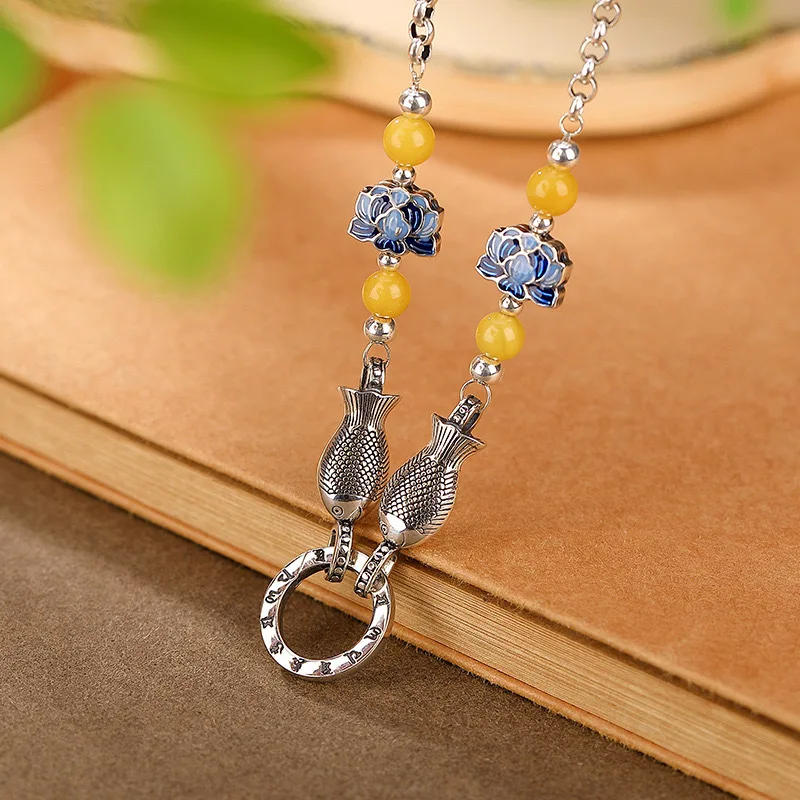 ستة أحرف تعويذة مزدوجة الأسماك لوتس سترة سلسلة مزدوجة الوجهين انفصال الرجعية تنوعا القلائد الطويلة مجوهرات الأزياء #2