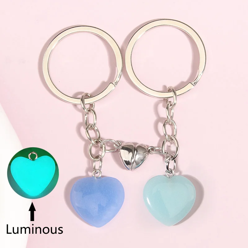 New Design Keychain Crystal Quartz Stone Heart Key Ring Magnetic Button Key Chains For Couple Friend Gifts DIY Jewelry