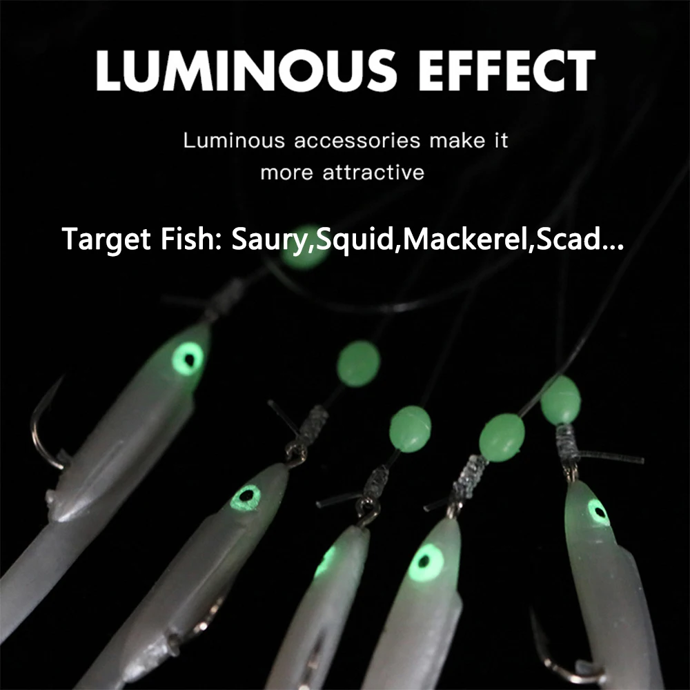 Elllv Soft Eel / Squid Skirts Sabiki Rig Small White Fishes Luminous Lure Set Saltwater Saury Mackerel Scad Fishing Tackle Pesca