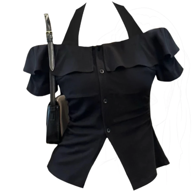 Sexy High Street French Halter Spliced Ruffle Slash Neck Slim Tops Y2k Aesthetic Harajuku Buttons Office Lady Clothes Punk Topes