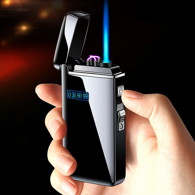 New Tiktok Metal Windproof Electric USB Lighter Torch Turbo Dual Arc LED Plasma Lighter Gas Chargeable Butane Pipe Cigar Lighter