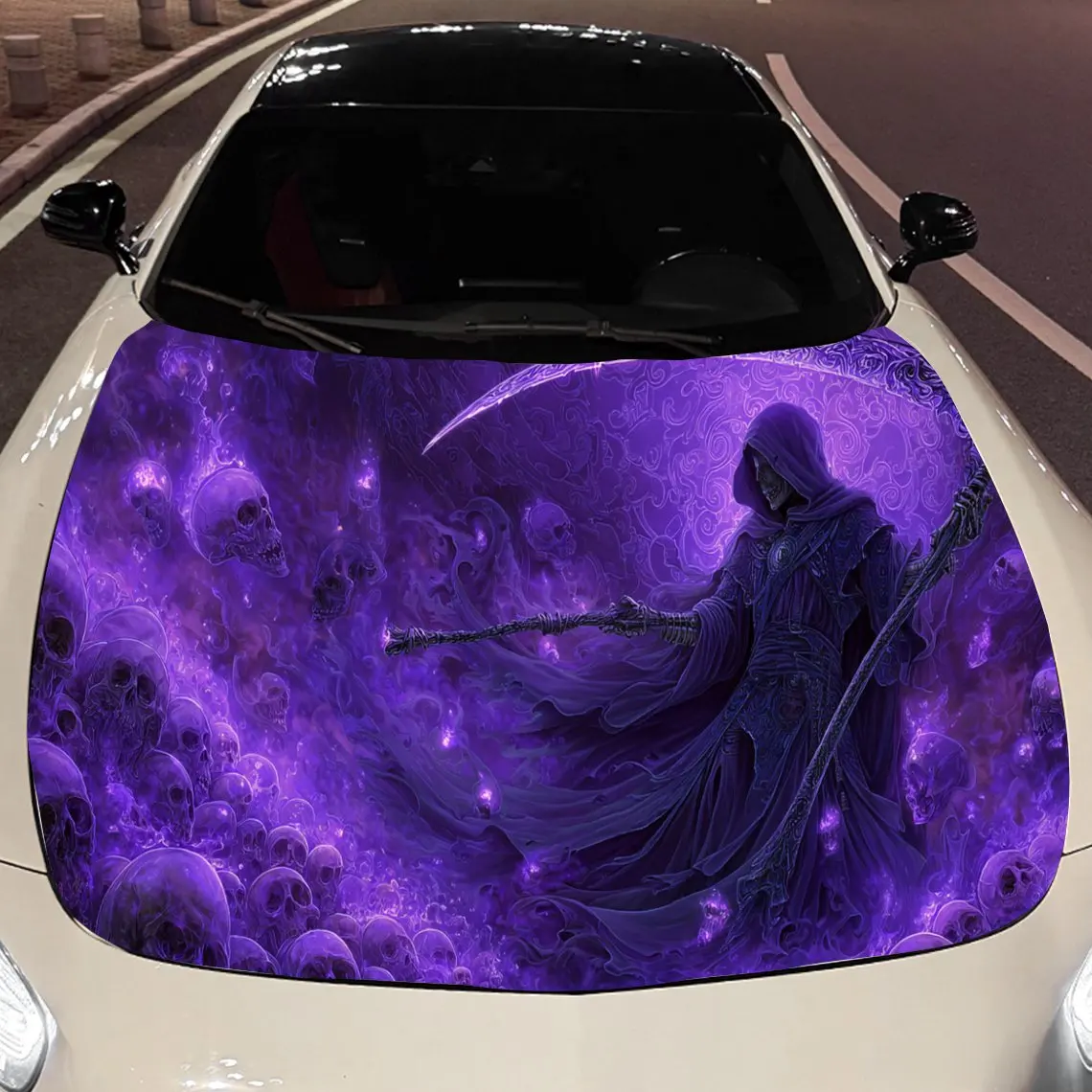 

Охлаждающая фиолетовая наклейка с черепом Grim Reaper, водонепроницаемая и самоклеящаяся наклейка на капот автомобиля, виниловые обертки для автомобиля, Cool Car E
