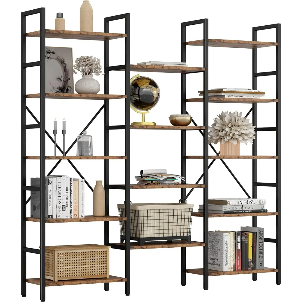 Triple width 5-storey industrial bookshelf, large open display rack with metal frame, used for living room