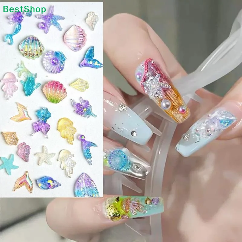 〔G〕50PCS 3D Conch Shell Nail Charms Colorful Jellyfish Ocean Resin Translucent DIY Nail Art Decorations