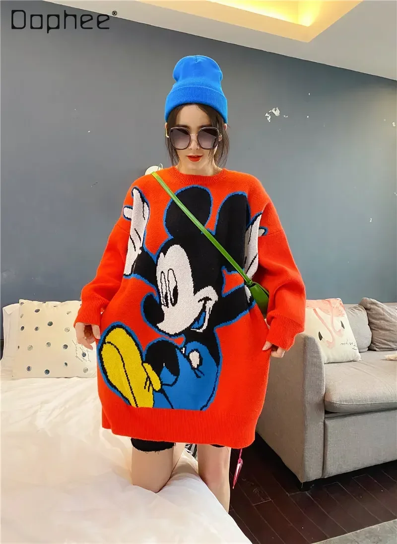 Sweet Cool Style Korean Style Loose Pullover Sweater Women's Cartoon Pattern Thickened Warm Winter Mid-Length Black Knitted Coat