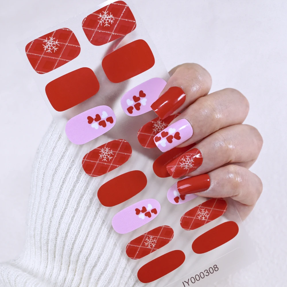 16 Tipps/Blatt, rote Weihnachts-Gel-Nagelaufkleber, Schneeflocken, Stern, Glitzer, Linien-Design, backfreier Nagelwickel, selbstklebender Weihnachtsschieber
