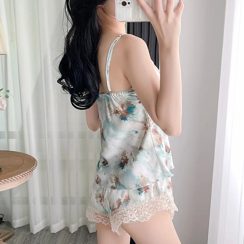 Summer Cami&Shorts Pajamas Loose Casual Home Clothes Sexy Satin Printed Sleepwear Female Pyjamas Intimate Lingerie Nightwear