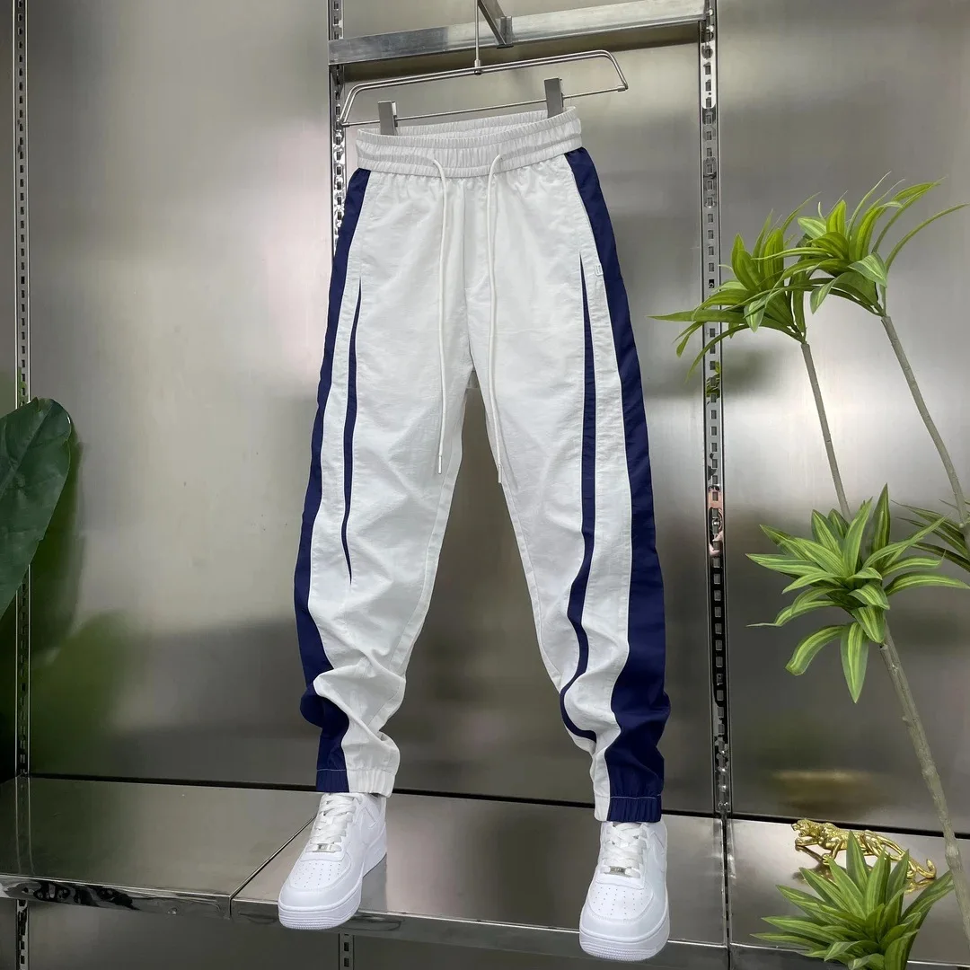 

Premium Men's Summer Thin Casual Pants Loose Fit Stripe Patchwork Cuffed Trousers Straight Leg Polyester Micro Stretch