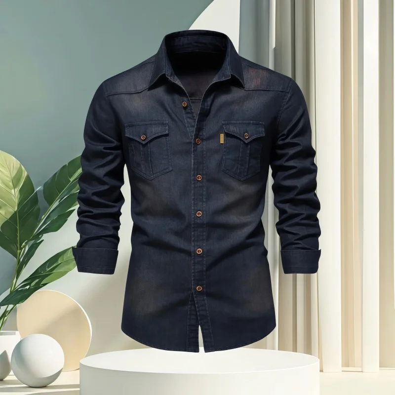 

Men's Spring-Autumn Casual Fashion Denim Shirt - Men's Collared Design - Solid Color Men's Long-Sleeved Shirt - Casual Shopping