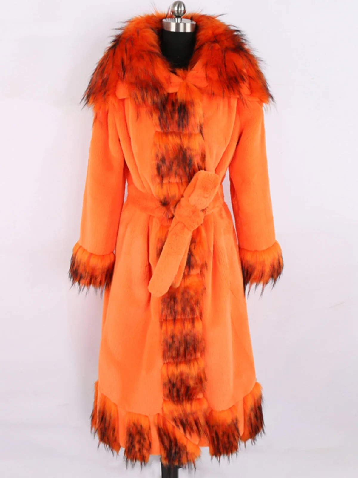

Nerazzurri Fashion Show Long Coat Women's Fur Jacket Fur Simulation Bright Color Belted Collar Stand up Coat