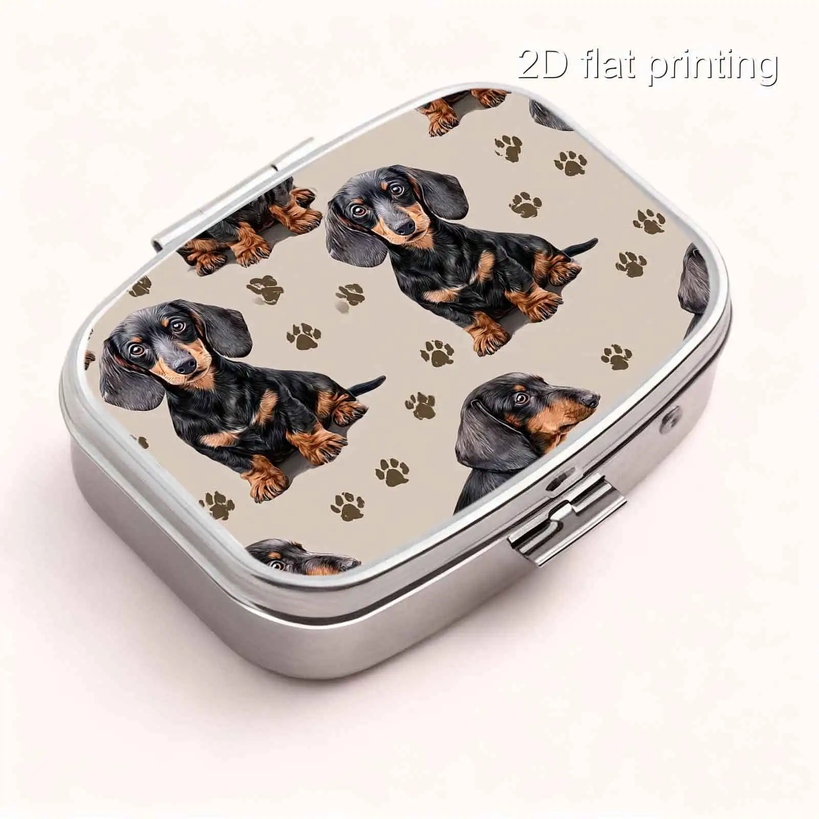 Realistic Black and Brown Dachshund Paw Prints Printed All Over, with Warm and Cute Cartoon Pet Designs, Square Two-Compartment Small Pill Box, Portable Medicine Storage, Small Jewelry Storage, Suitable for Handbags or Travel, Holiday Gifts, Souvenirs, Prizes, Small Gifts, Suitable for Personal Use or as an Exquisite Gift Option