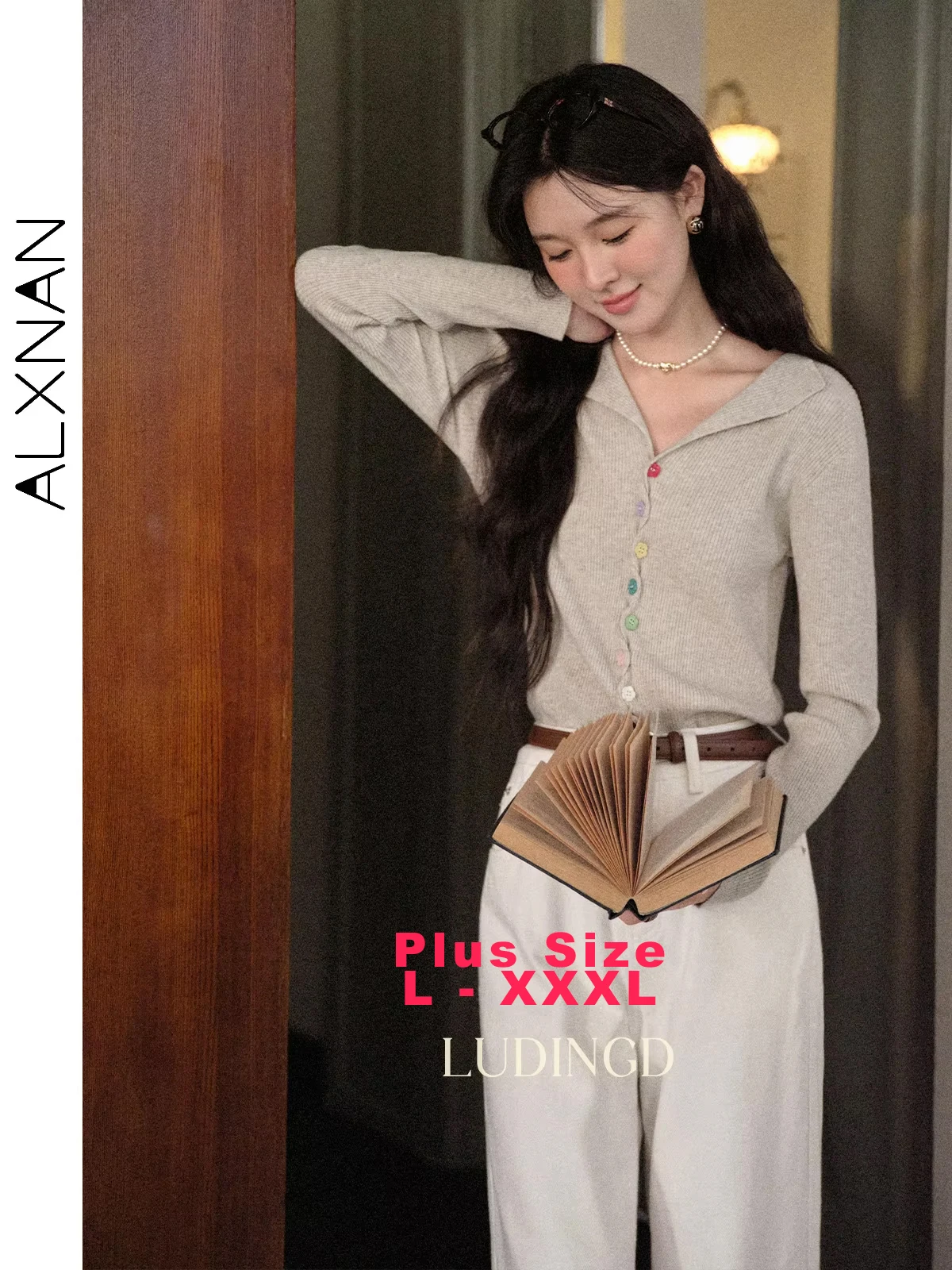 

ALXNAN Plus Size Knitted Sweater Oatmeal V-neck Colorful Flower Buttons Short Pullovers Winter Long Sleeve Knitted Tops D12822