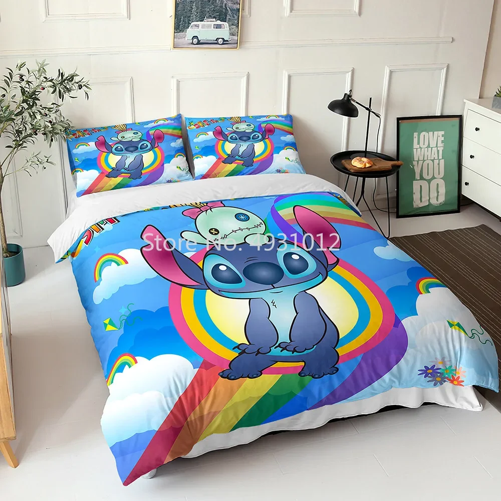 Cute Rainbow Lilo & Stitch Laughing Bedding Set Twin Queen BedLinen Duvet Cover Set Pillowcase Children Adult Boys Girls Gift