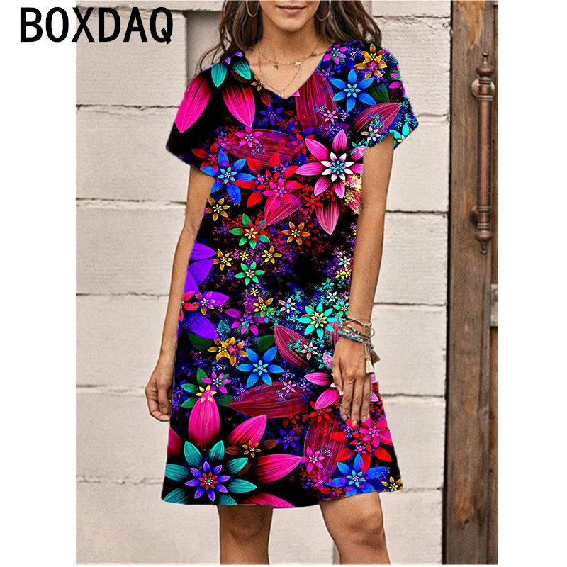 Retro Floral Print Dress 3D Fresh Cute Style Dress Plus Size 6XL Summer Short Sleeve V-Neck Casual A-Line Dress Vestidos