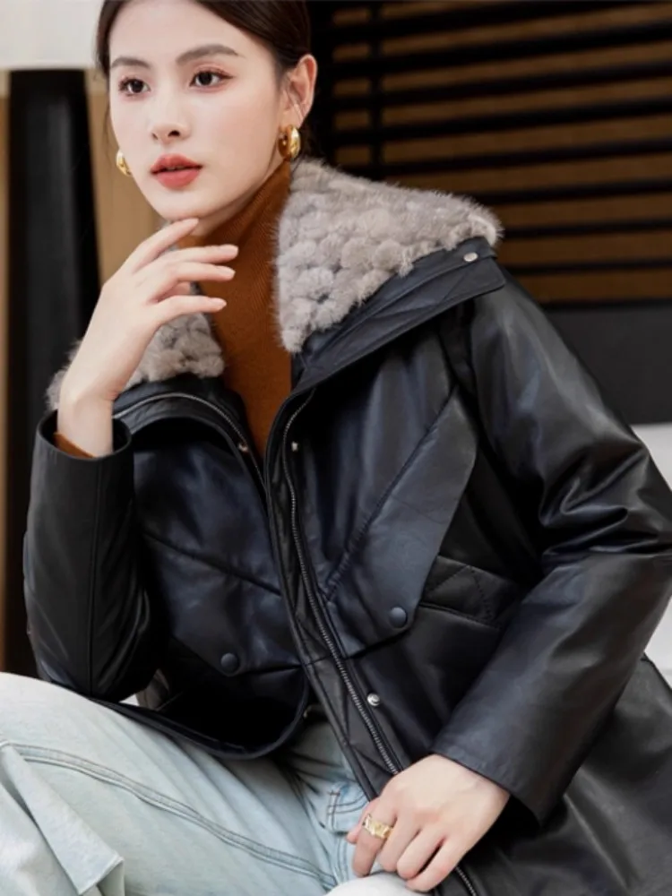 Piumino invernale da donna in vera pelle, collo in pelliccia di visone di lusso, cerniera, capispalla casual caldo, giacca da donna in pelle di pecora streetwear