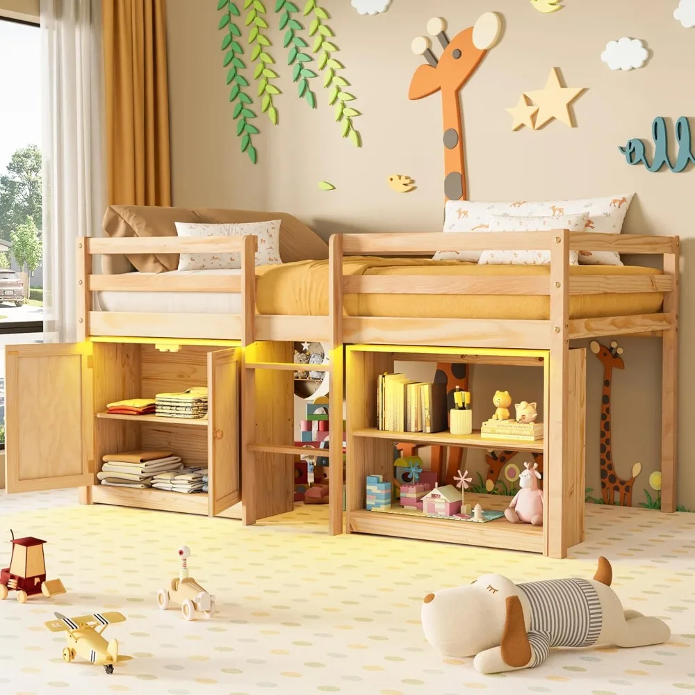 

Low Loft Bed Twin Size with LED Lights, Twin Bed Frames for Kids, Kids Loft Bed with 14" H Safety Guardrail,