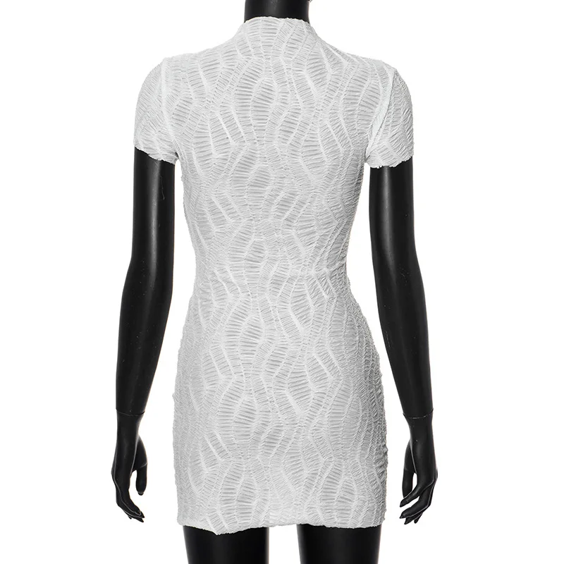 Ruched texturizado branco bodycon mini vestido feminino sexy rendas até fitas meia gola alta manga curta hipster magro festa clubwear
