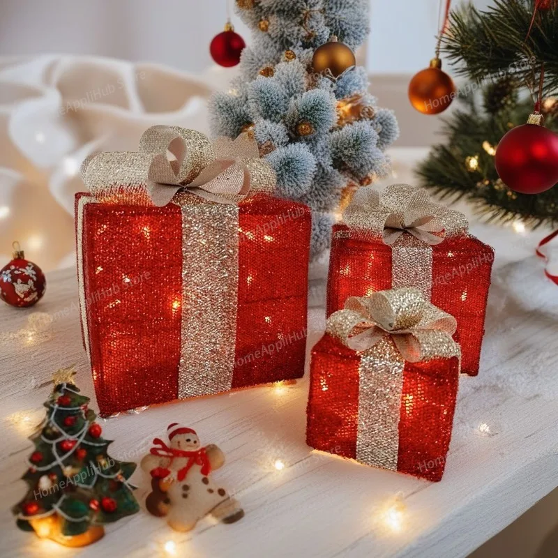Christmas Decoration Gift Box Three-piece Stack Head Ornament Wrought Iron Box Luminous Christmas Supplies Scene Arrangement