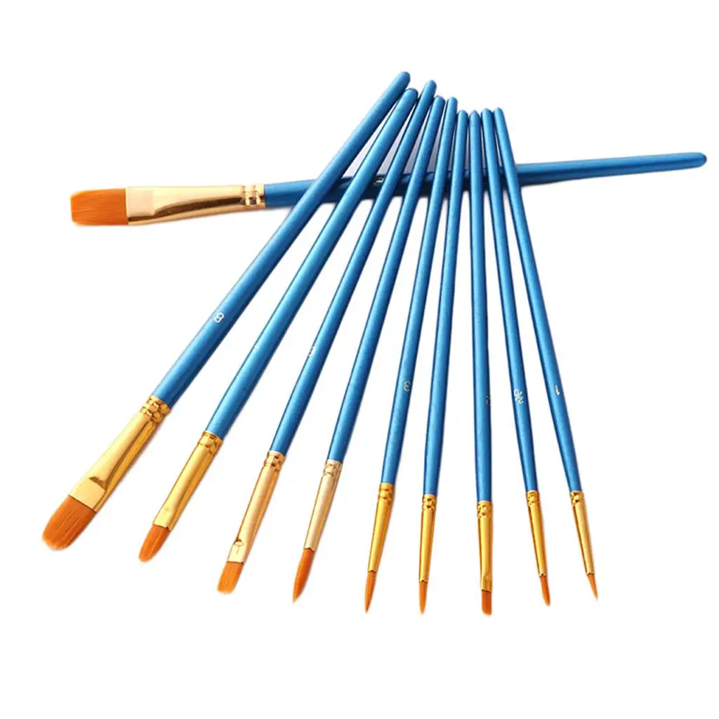 Nylon Brush Set for Painting Sky Blue Handles Art Tools Round Flat Liner Mixed Sizes for Watercolor Acrylic Oil