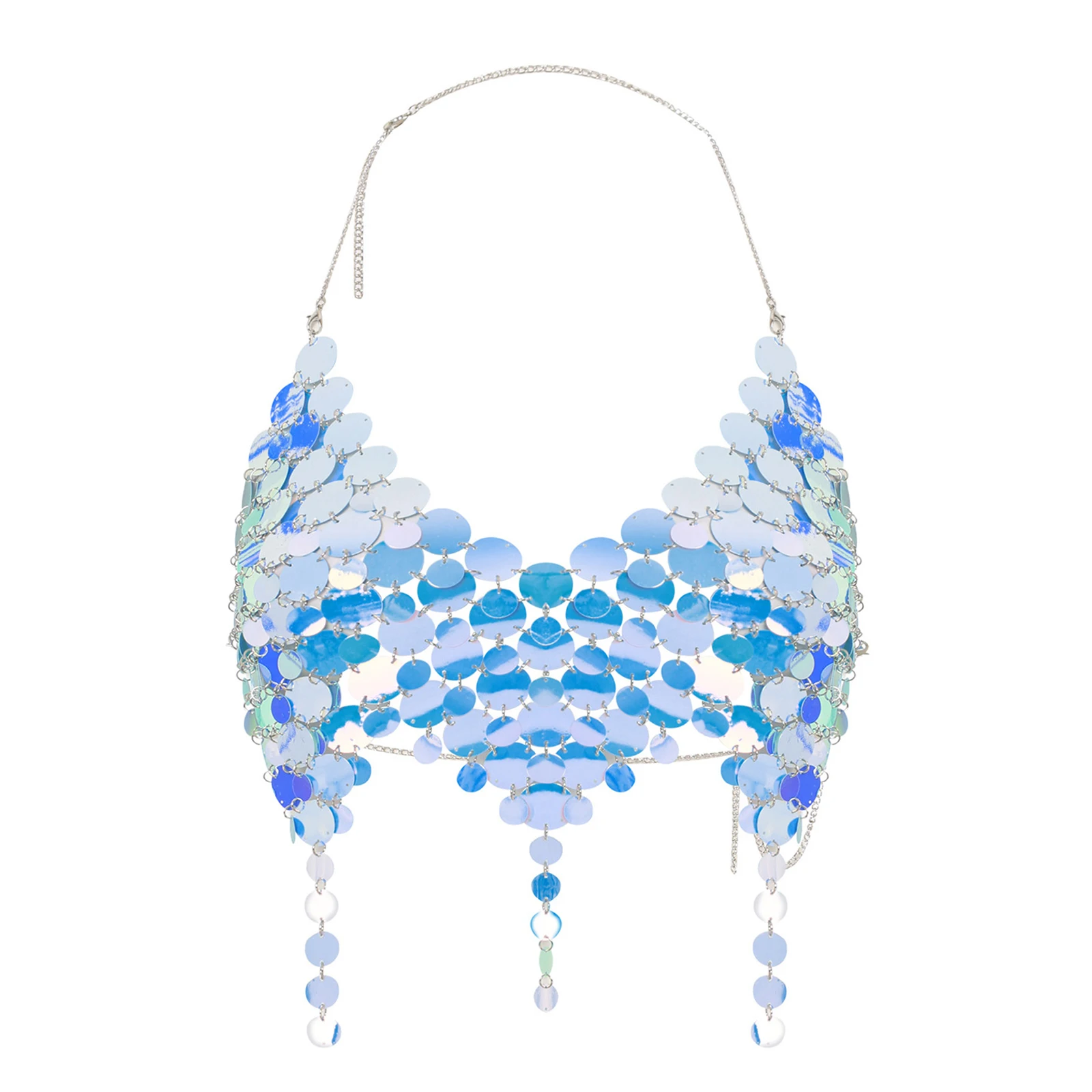 

Women Glittery Sequin Bra Top Halter V Neck Backless Chain Type Bra Layering with Fringe Body Chain for Club Raves Dance Party