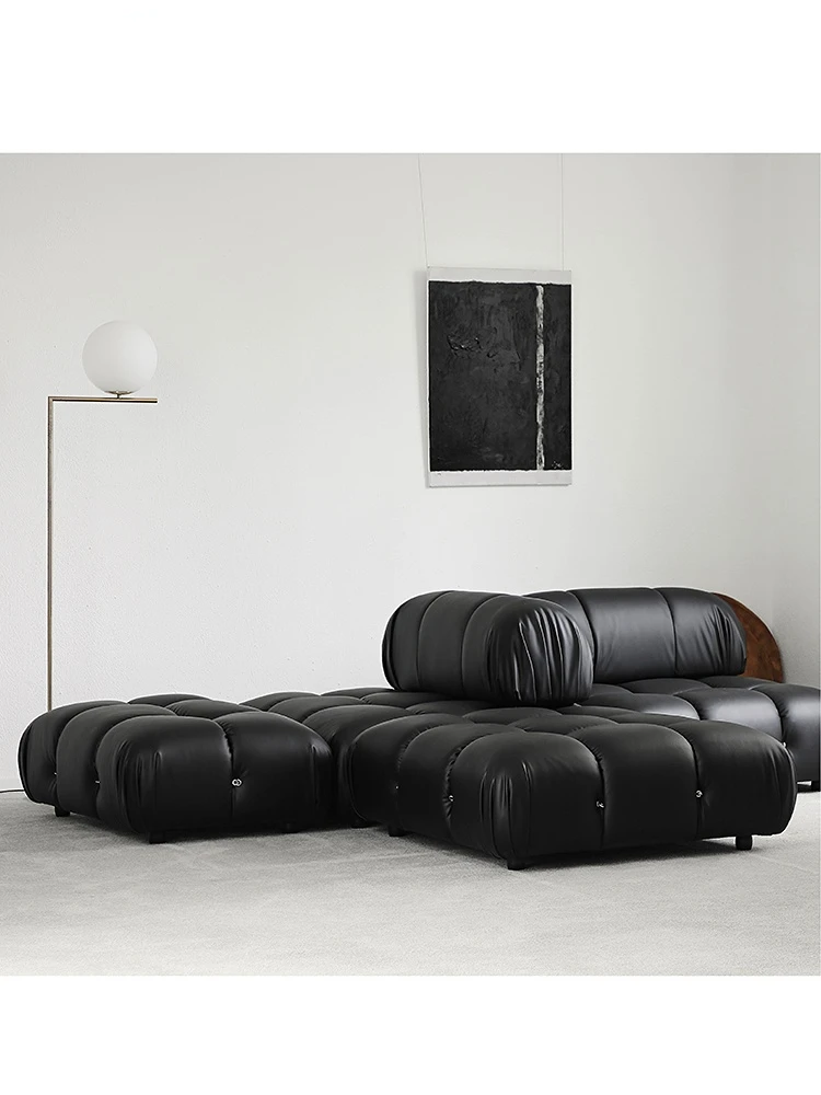 Nordic leather module sofa black small house design Italian tofu cream style