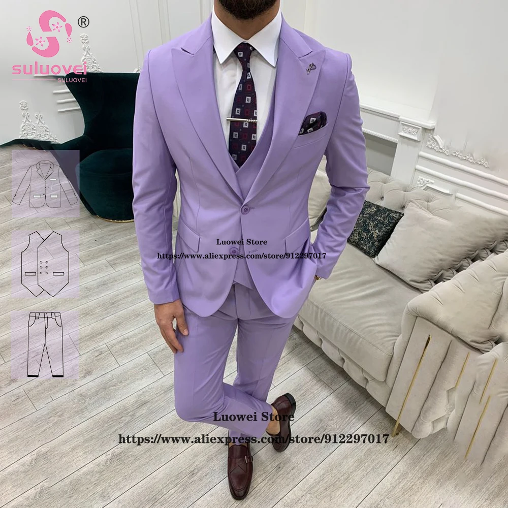 Fashion Lilac Slim Fit Suits For Men Elegant 3 Piece Jacket Vest Pants Set Formal Groom Wedding  Party Tuxedos Vestidos De Novia