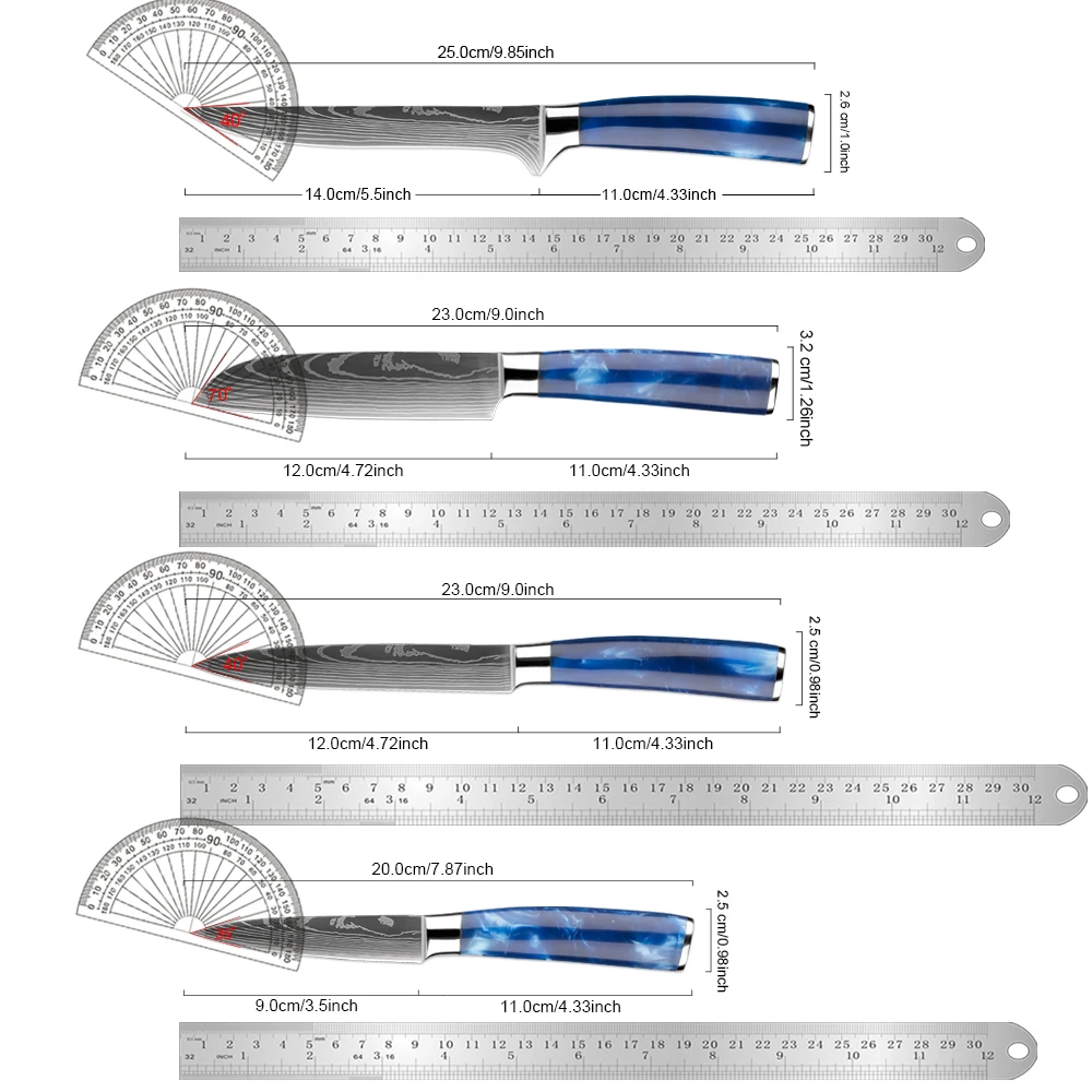 Ultra Sharp Paring Knives Set,Fruit and Vegetable Knife,Kitchen Boning Knife,Damascus Pattern Steel Chef Knife Blue Resin Handle