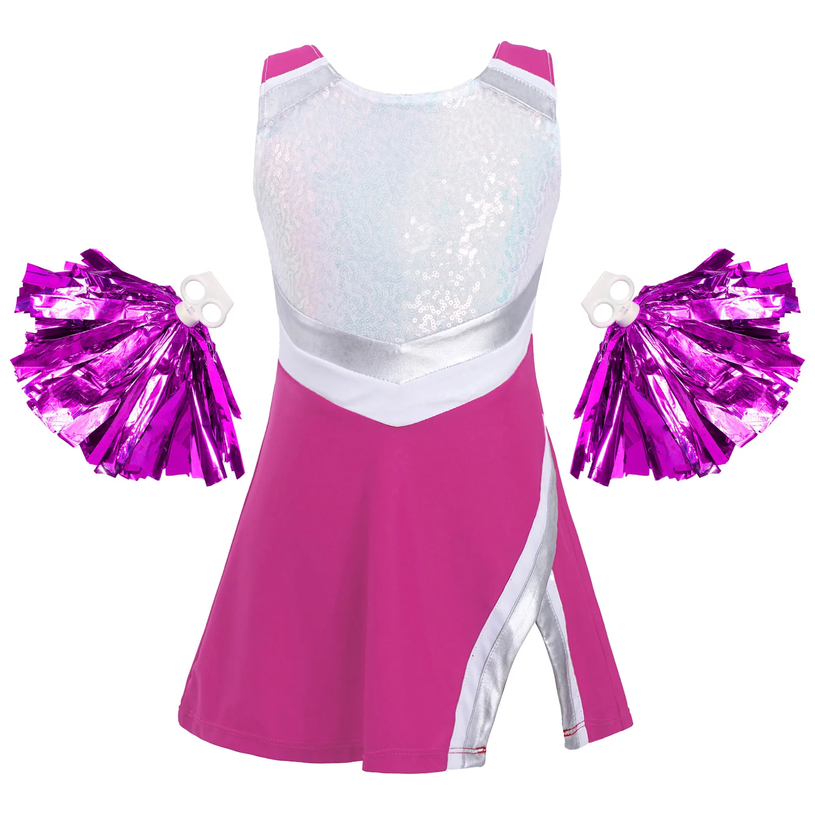 Uniformes de animadora para niños y niñas, disfraz de animadora, vestido deportivo + Conjunto de bolas de flores para baile, ropa de baile de competición