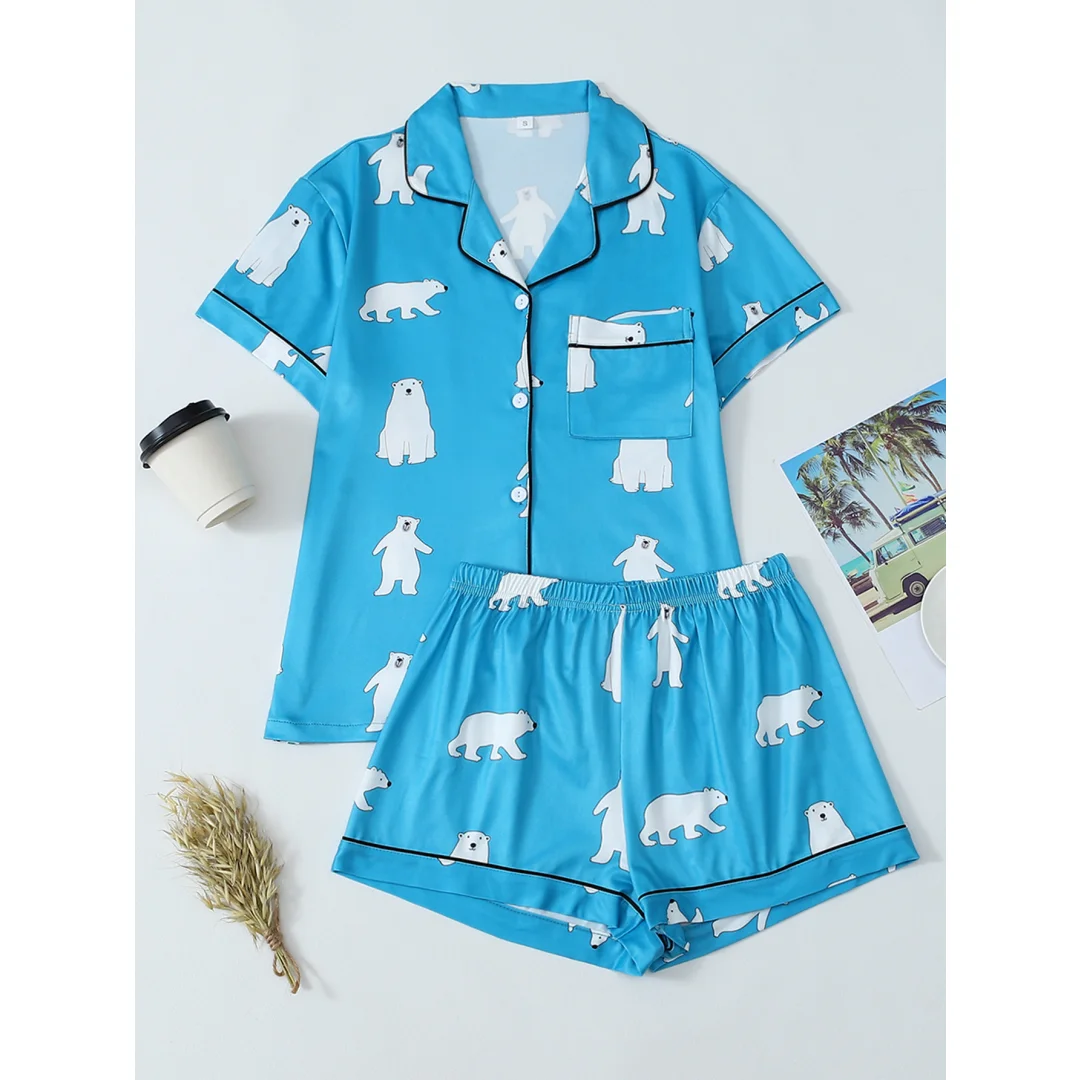 

Женская пижама с принтом синего полярного медведя, комплект домашней одежды с животным принтом, рубашка с короткими рукавами и отложным воротником, шорты, летние подарки на Пасху