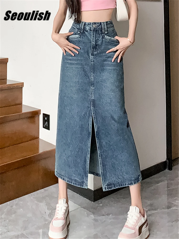 

Seoulish High Waist Front Split Women's Denim Long Skirts Spring Summer Vintage Cowboy Jeans A-Line Skirts Female 2023 New