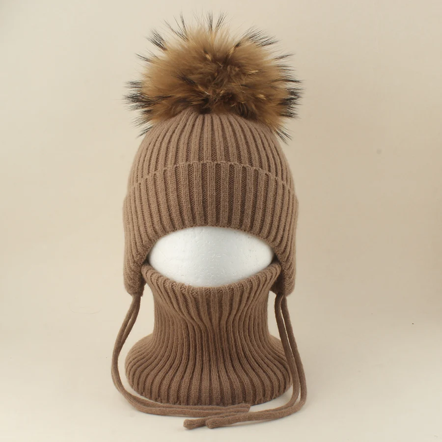 Winter-Wollmütze mit Nackenschutz 2-teiliges Set Echte Fuchsfell-Mütze für Kinder Jungen Mädchen Dicke Fleece Warme Gestrickte Gestreifte Ohrenklappe Baby Skullies Mütze – Detail 10