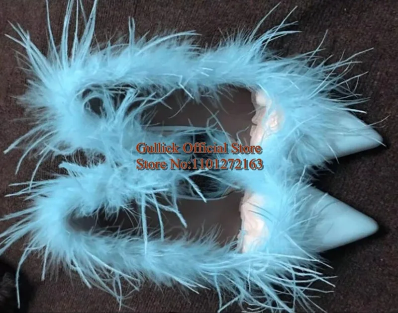 Yellow Feather Pointed Toe Cutout Woman Pumps Slip On Shallow Patent Leather Fur Eveing Dress Shoes